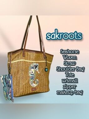 Sakroots Seahorse Woven Straw Shoulder Tote Beach Bag - Brown Blue